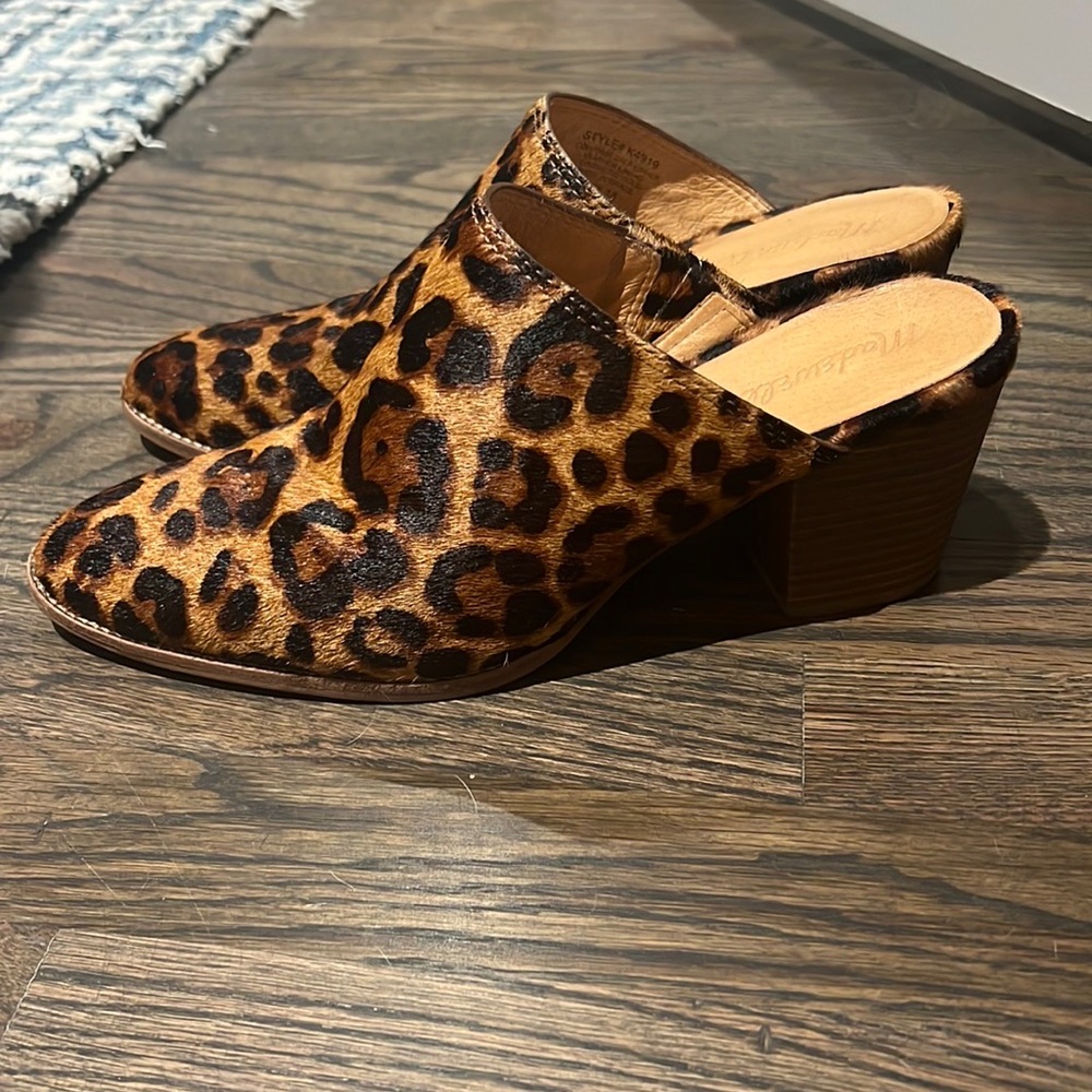 Madewell leopard print calf hair leather mules